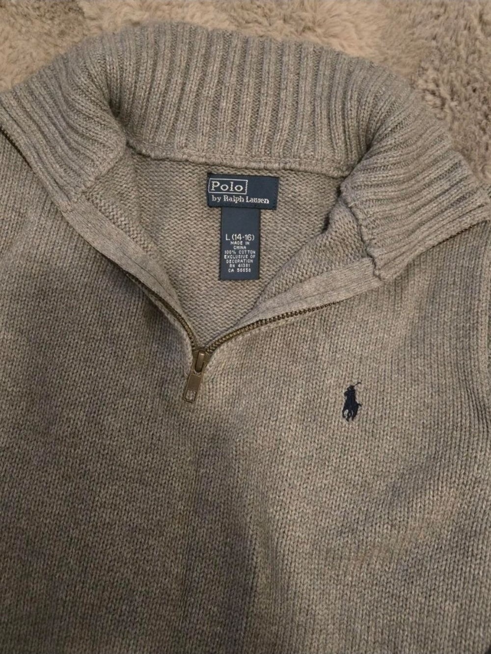 Polo by Ralph Lauren Boy's Zip-Neck Sweater in Taupe with Navy Logo